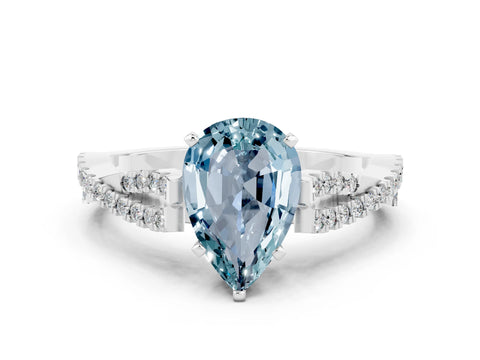 White gold Pear Cut Aquamarine Solitaire Engagement Ring with Twisted Pavé Band and Four-Prong Setting