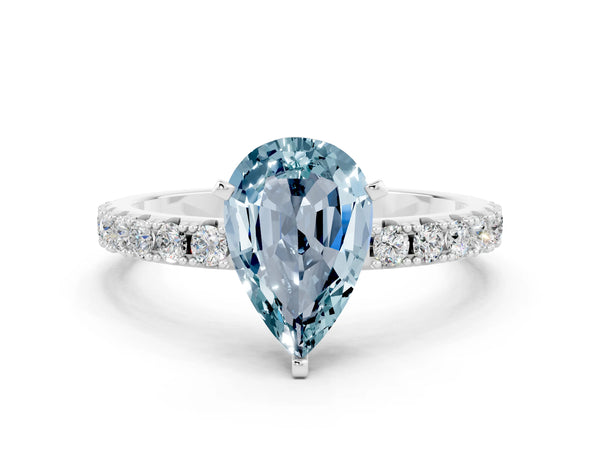 White gold Pear Cut Aquamarine Solitaire Pavé Band with Four-Prong Setting