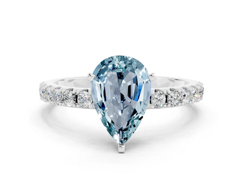 White gold Pear Cut Aquamarine Solitaire Pavé Band with Four-Prong Setting