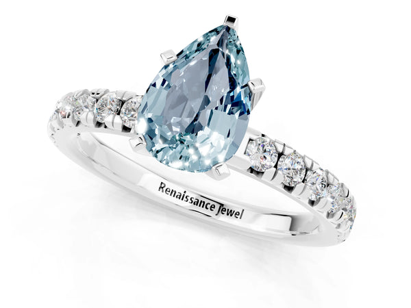 Silver Pear Cut Aquamarine Solitaire Pavé Engagement Ring with Round Band and Prong Setting
