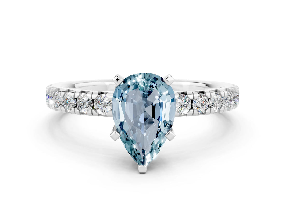 White gold Pear Cut Aquamarine Solitaire Pavé Engagement Ring with Round Band and Prong Setting_72