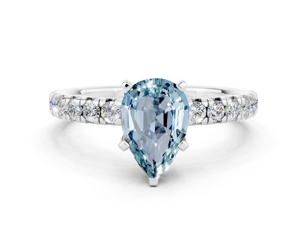 White gold Pear Cut Aquamarine Solitaire Pavé Engagement Ring with Round Band and Prong Setting