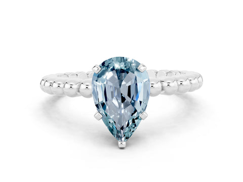 White gold Pear Cut Aquamarine Solitaire Ring with Beaded Band and Prong Setting_12