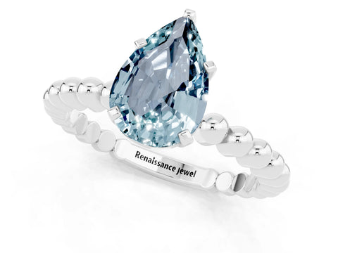 White gold Pear Cut Aquamarine Solitaire Ring with Beaded Band and Prong Setting_13