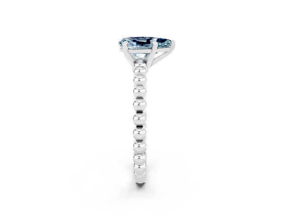 White gold Pear Cut Aquamarine Solitaire Ring with Beaded Band and Prong Setting