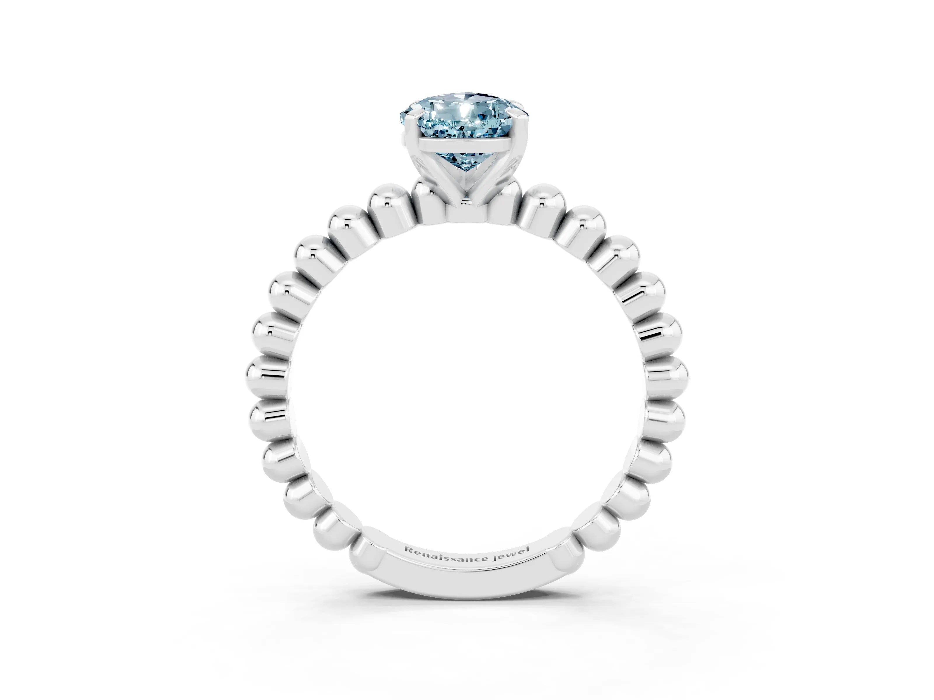 White gold Pear Cut Aquamarine Solitaire Ring with Beaded Band and Prong Setting_3