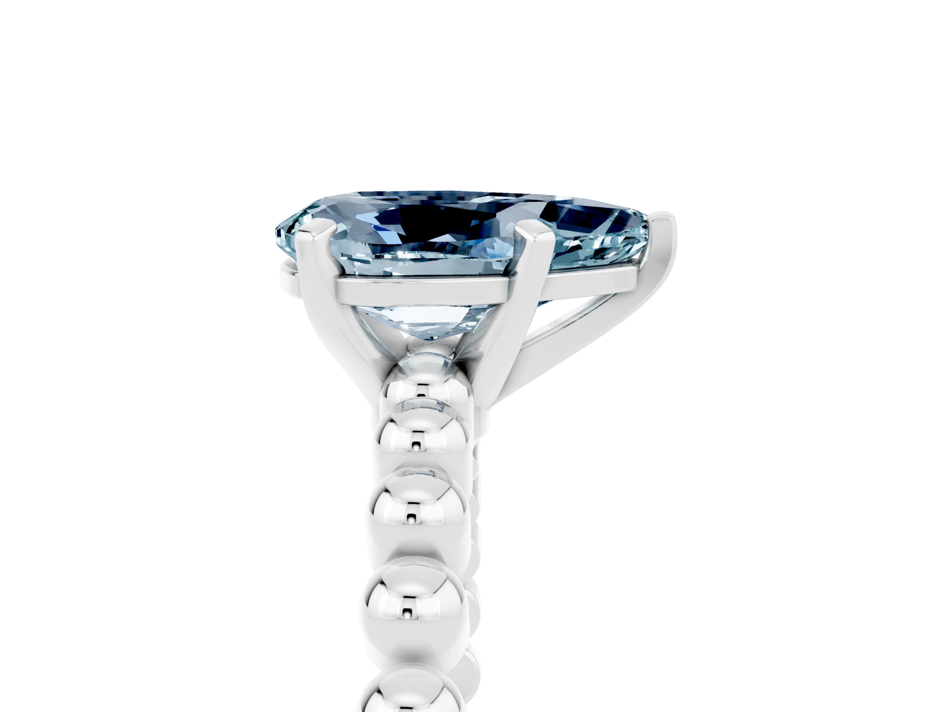 White gold Pear Cut Aquamarine Solitaire Ring with Beaded Band and Prong Setting_5