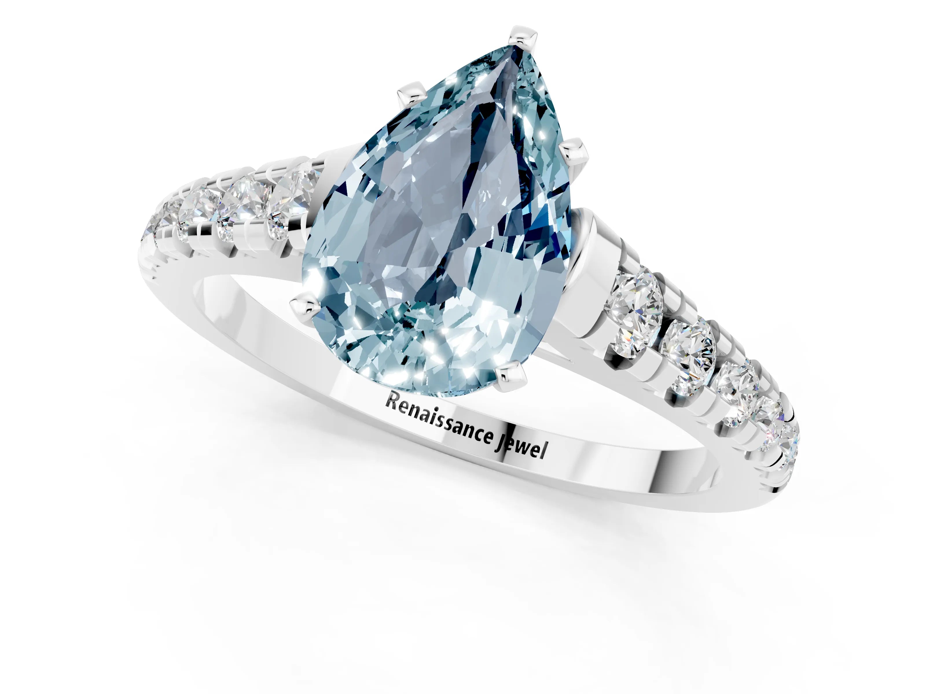 White gold Pear Cut Aquamarine Solitaire Ring with Cathedral Setting and Pavé Band_1