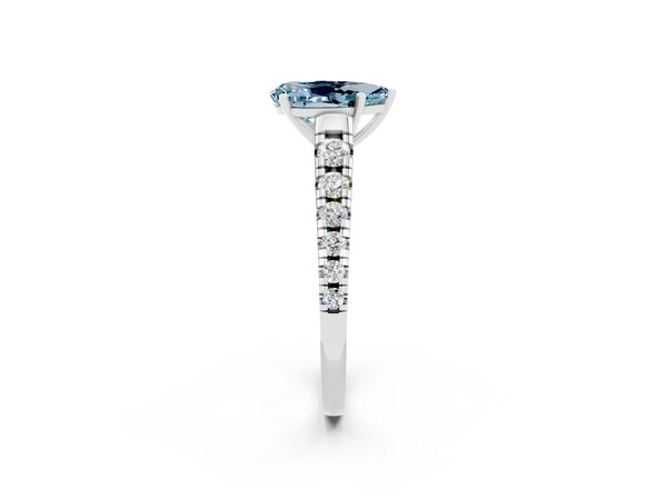 Silver Pear Cut Aquamarine Cathedral Solitaire Ring with Round  Pavé Band