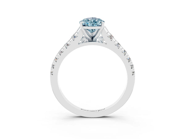 Platinum Pear Cut Aquamarine Cathedral Solitaire Ring with Round  Pavé Band