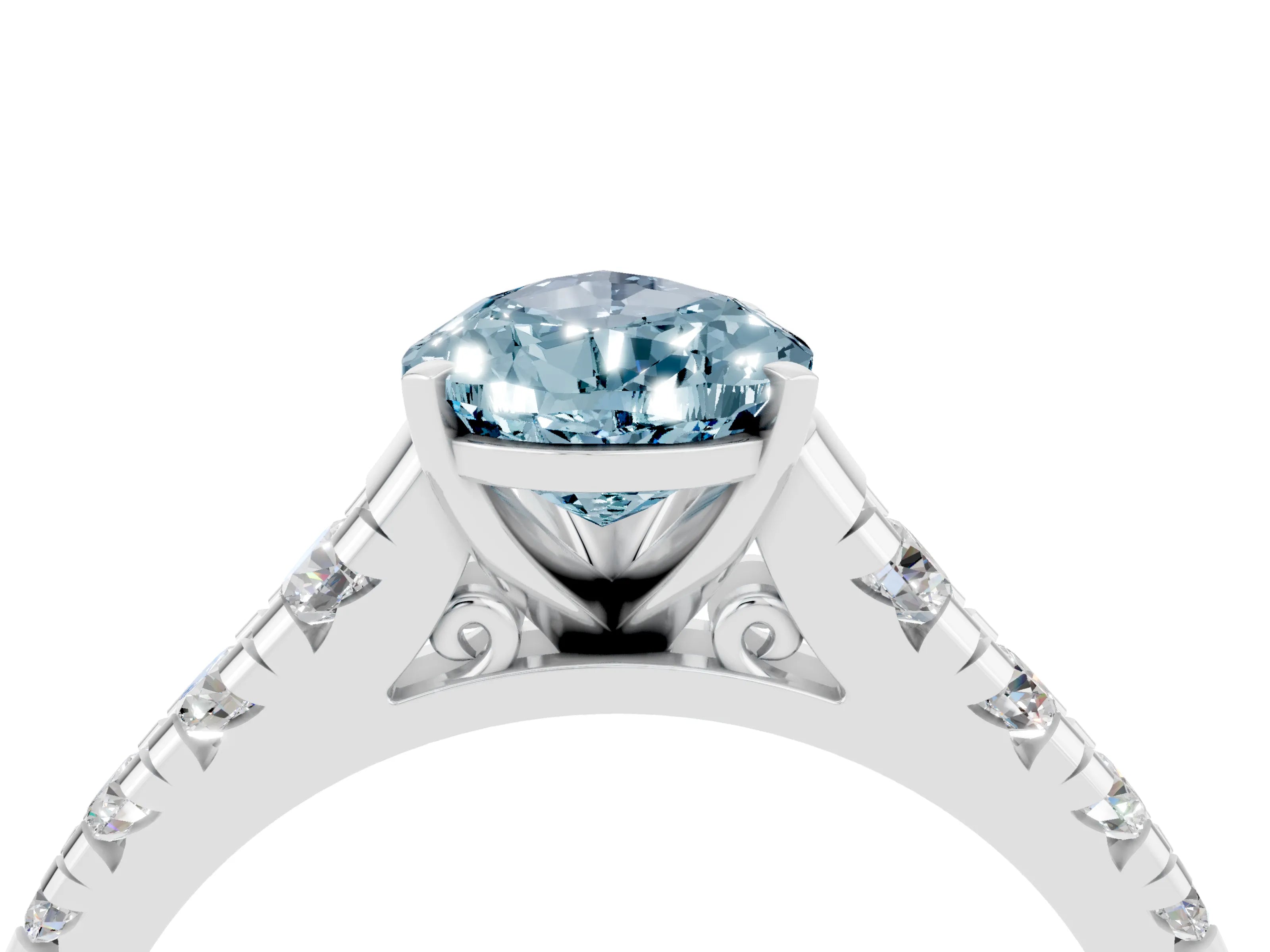 White gold Pear Cut Aquamarine Solitaire Ring with Cathedral Setting and Pavé Band_4