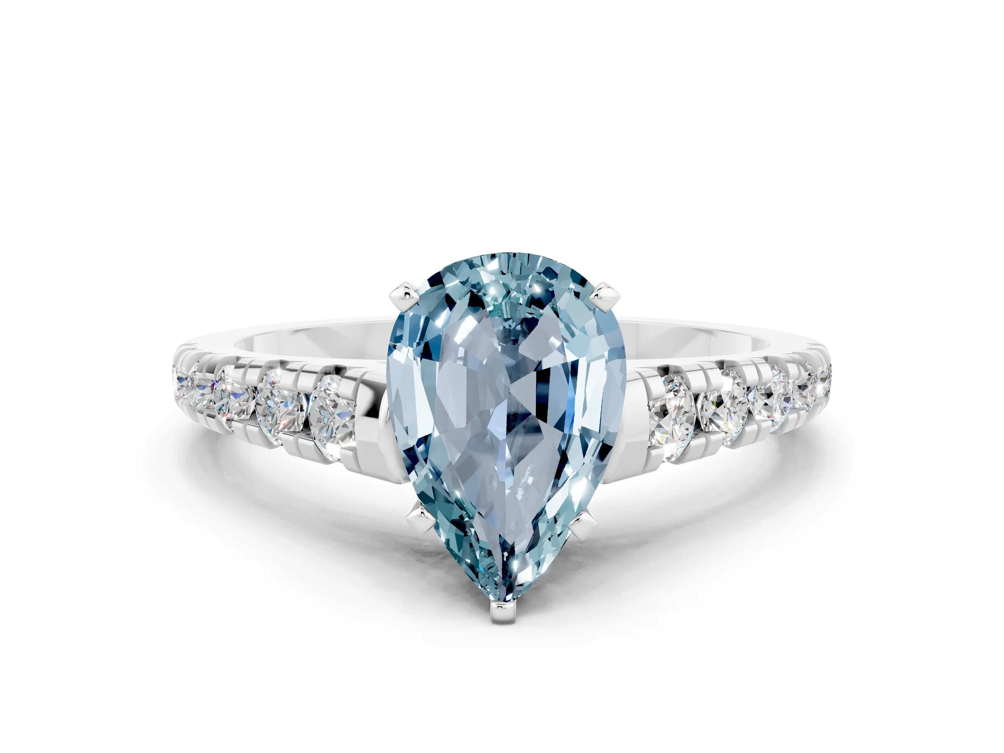 White gold Pear Cut Aquamarine Solitaire Ring with Cathedral Setting and Pavé Band