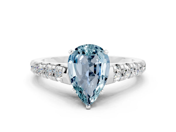 Silver Pear Cut Aquamarine Cathedral Solitaire Ring with Round  Pavé Band