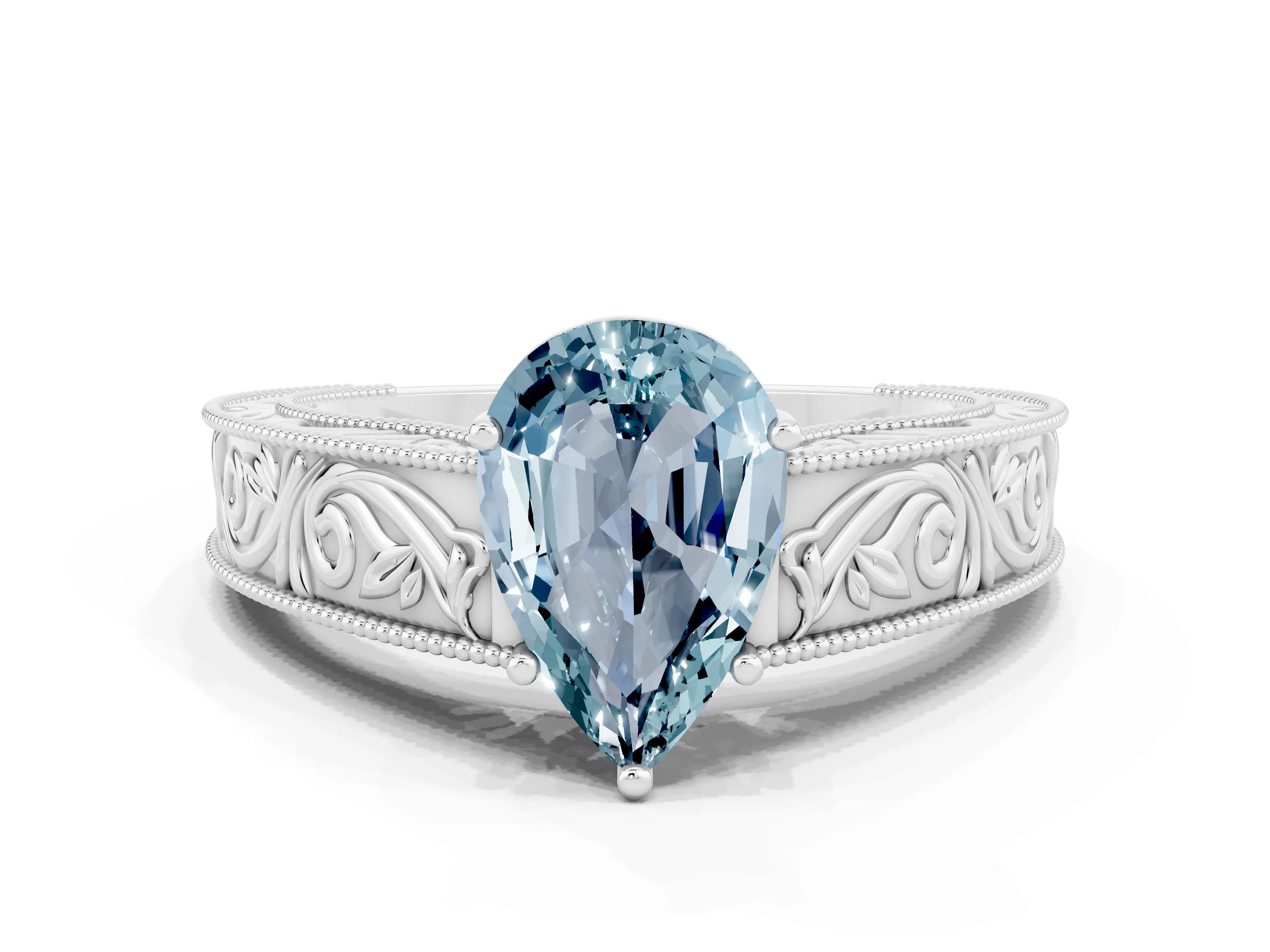 White gold Pear Cut Aquamarine Solitaire Ring with Engraved Band and Four-Prong Setting
