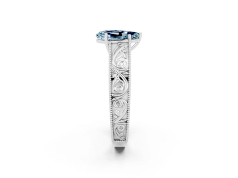 White gold Pear Cut Aquamarine Solitaire Ring with Engraved Band and Four-Prong Setting_2