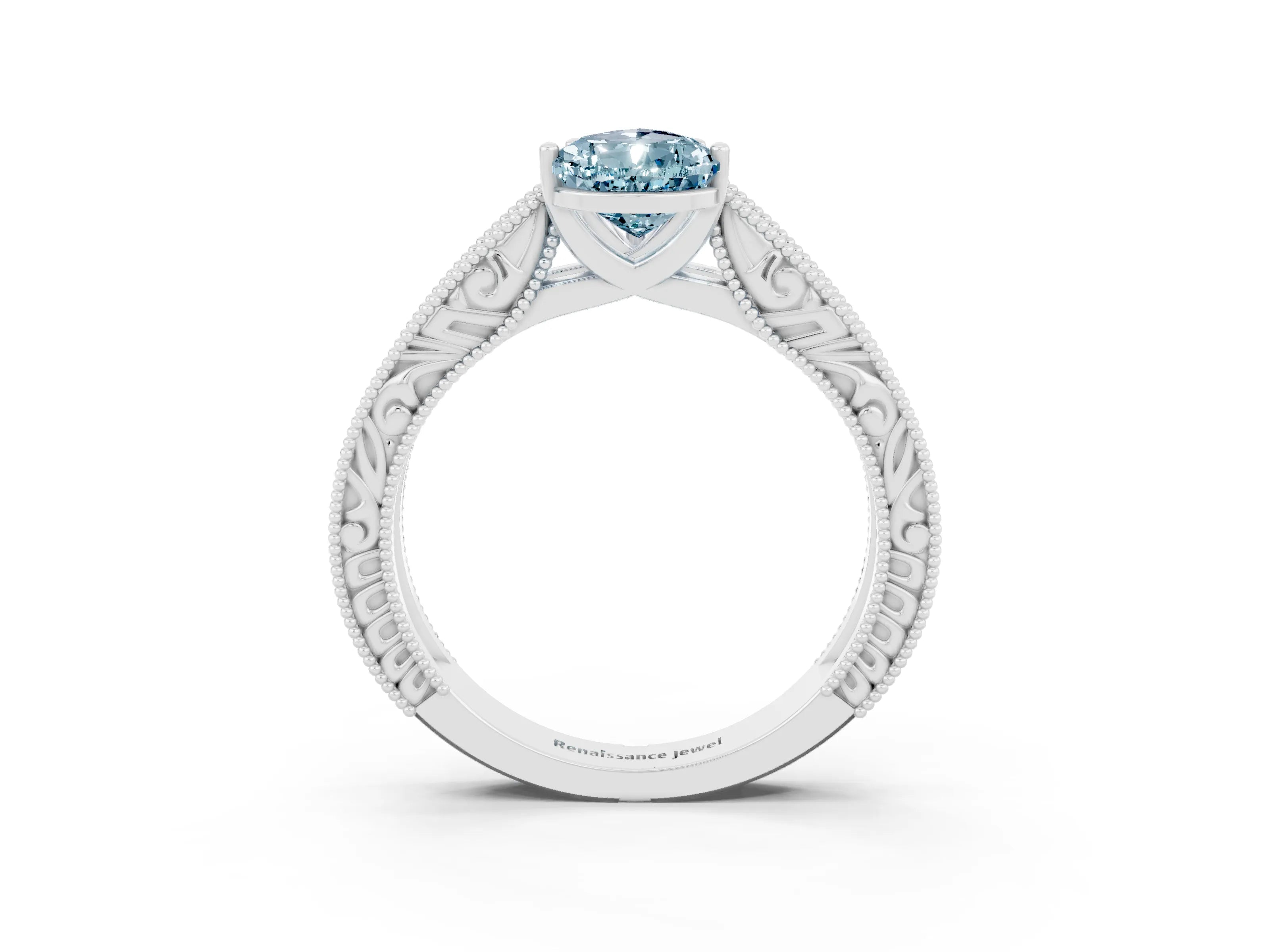 White gold Pear Cut Aquamarine Solitaire Ring with Engraved Band and Four-Prong Setting_3