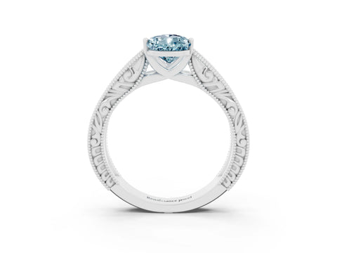 White gold Pear Cut Aquamarine Solitaire Ring with Engraved Band and Four-Prong Setting_3