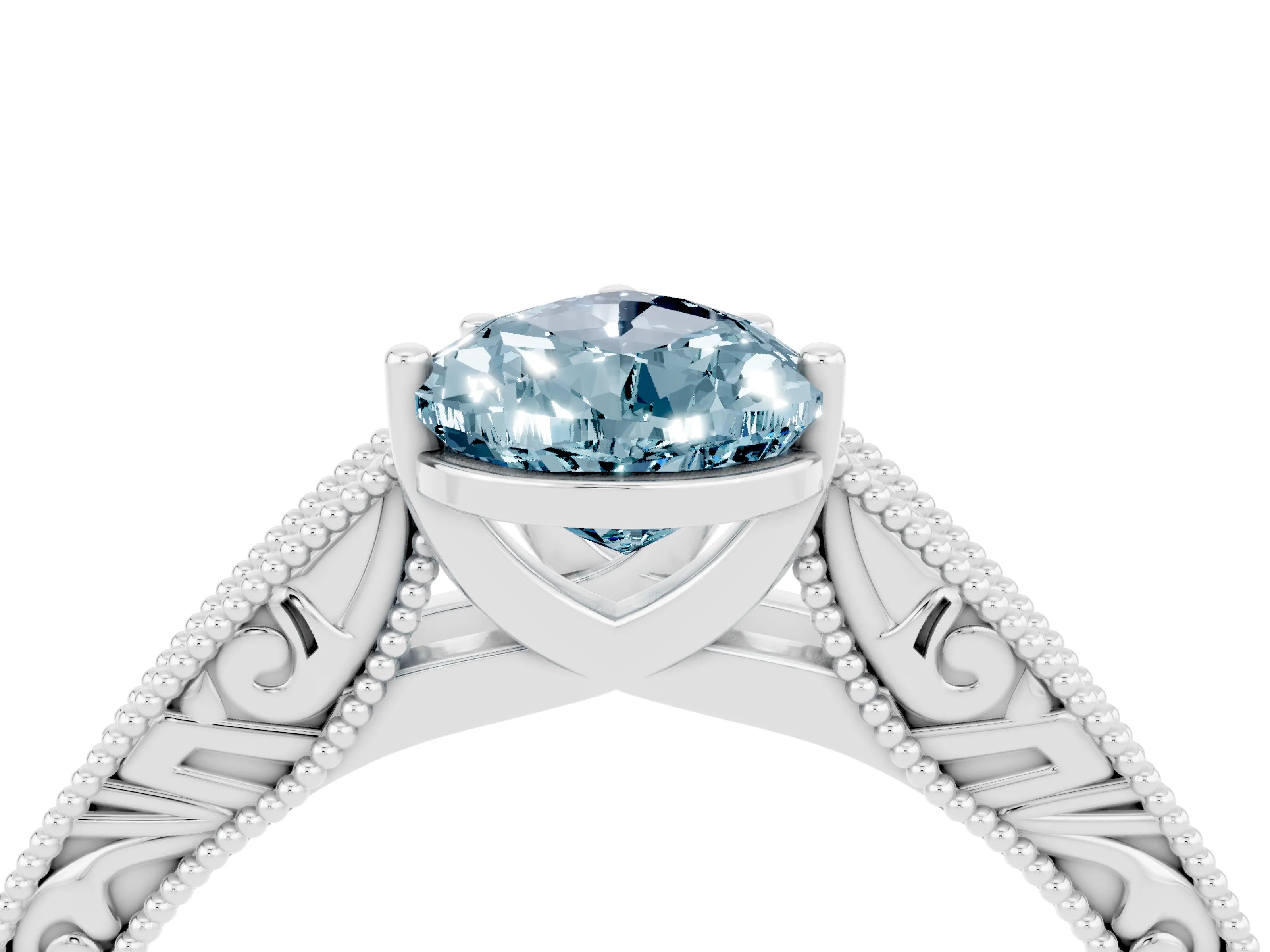 White gold Pear Cut Aquamarine Solitaire Ring with Engraved Band and Four-Prong Setting_4