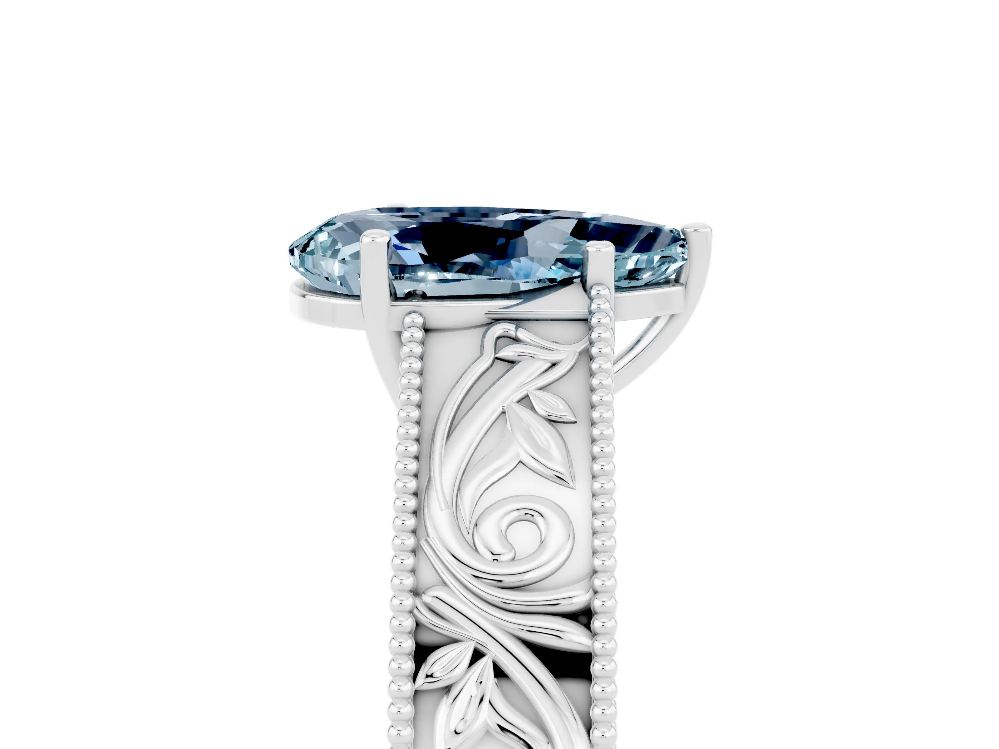 White gold Pear Cut Aquamarine Solitaire Ring with Engraved Band and Four-Prong Setting_5