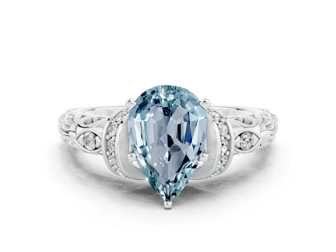 White gold Pear Cut Aquamarine Solitaire Ring with Filigree Band and Four-Prong Setting_64