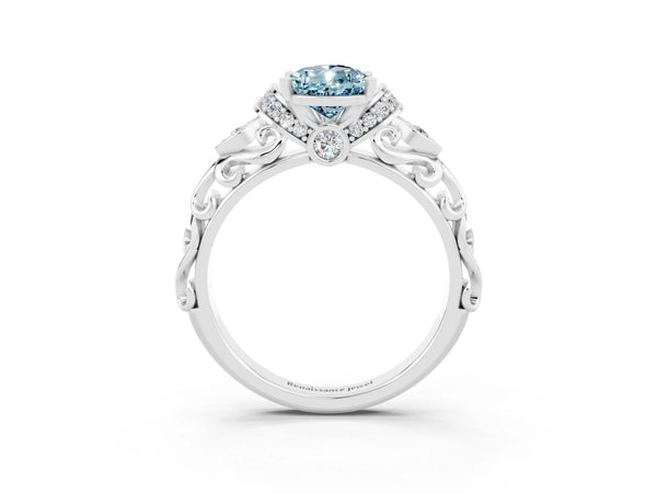 White gold Pear Cut Aquamarine Solitaire Ring with Filigree Band and Four-Prong Setting