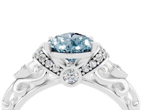 White gold Pear Cut Aquamarine Solitaire Ring with Filigree Band and Four-Prong Setting_68