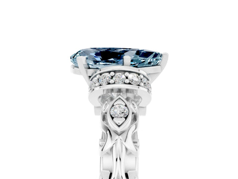 White gold Pear Cut Aquamarine Solitaire Ring with Filigree Band and Four-Prong Setting_69