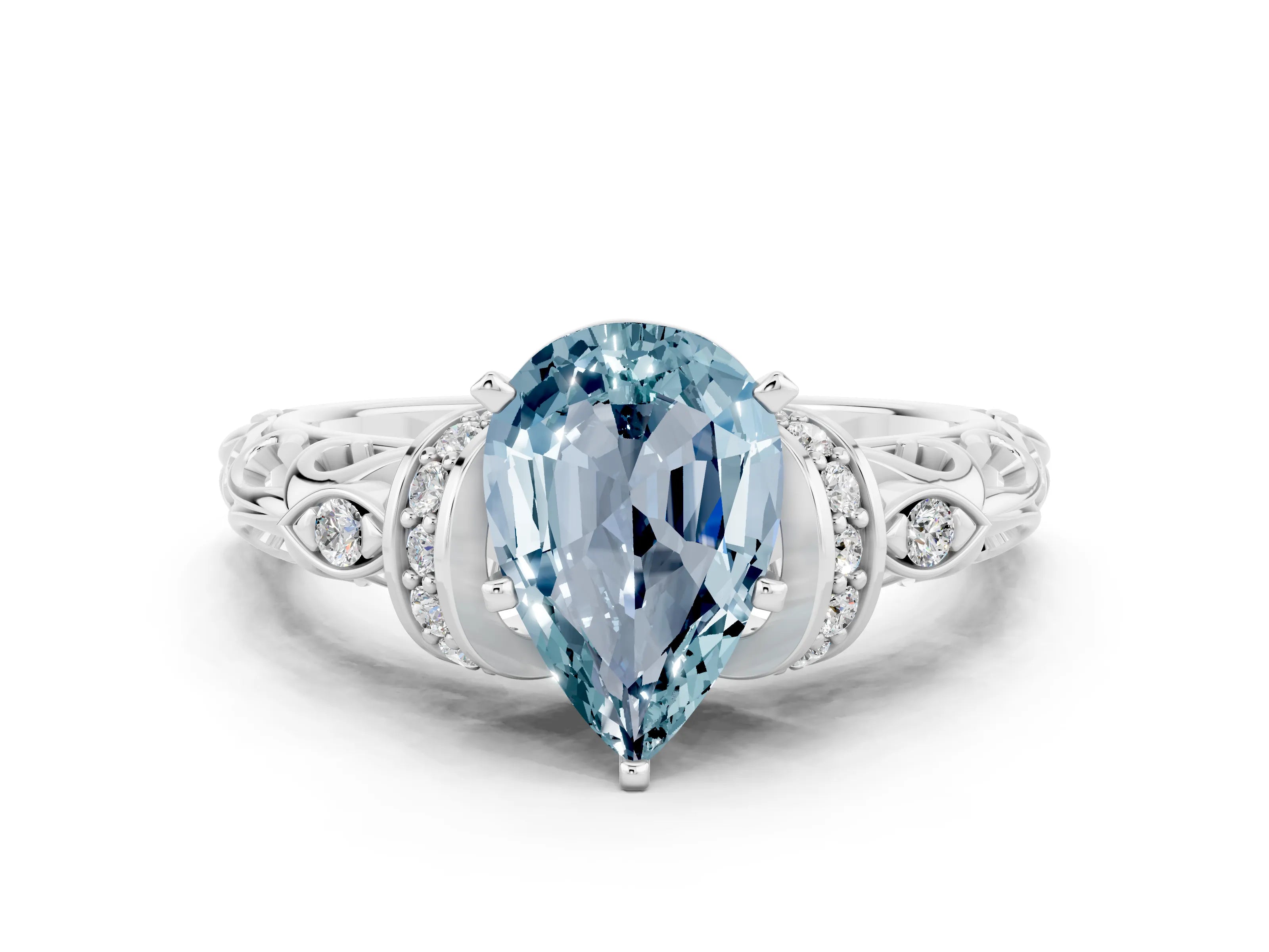 White gold Pear Cut Aquamarine Solitaire Ring with Filigree Band and Four-Prong Setting_71