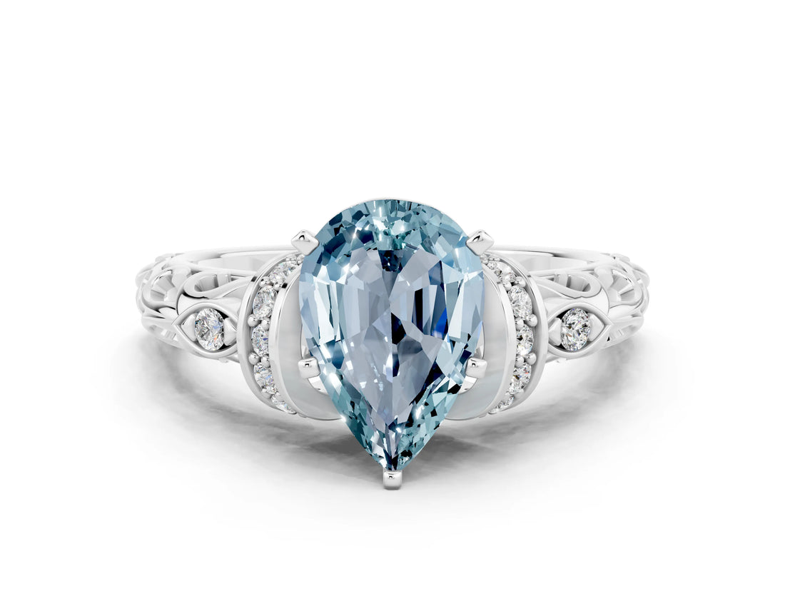 White gold Pear Cut Aquamarine Solitaire Ring with Filigree Band and Four-Prong Setting_71