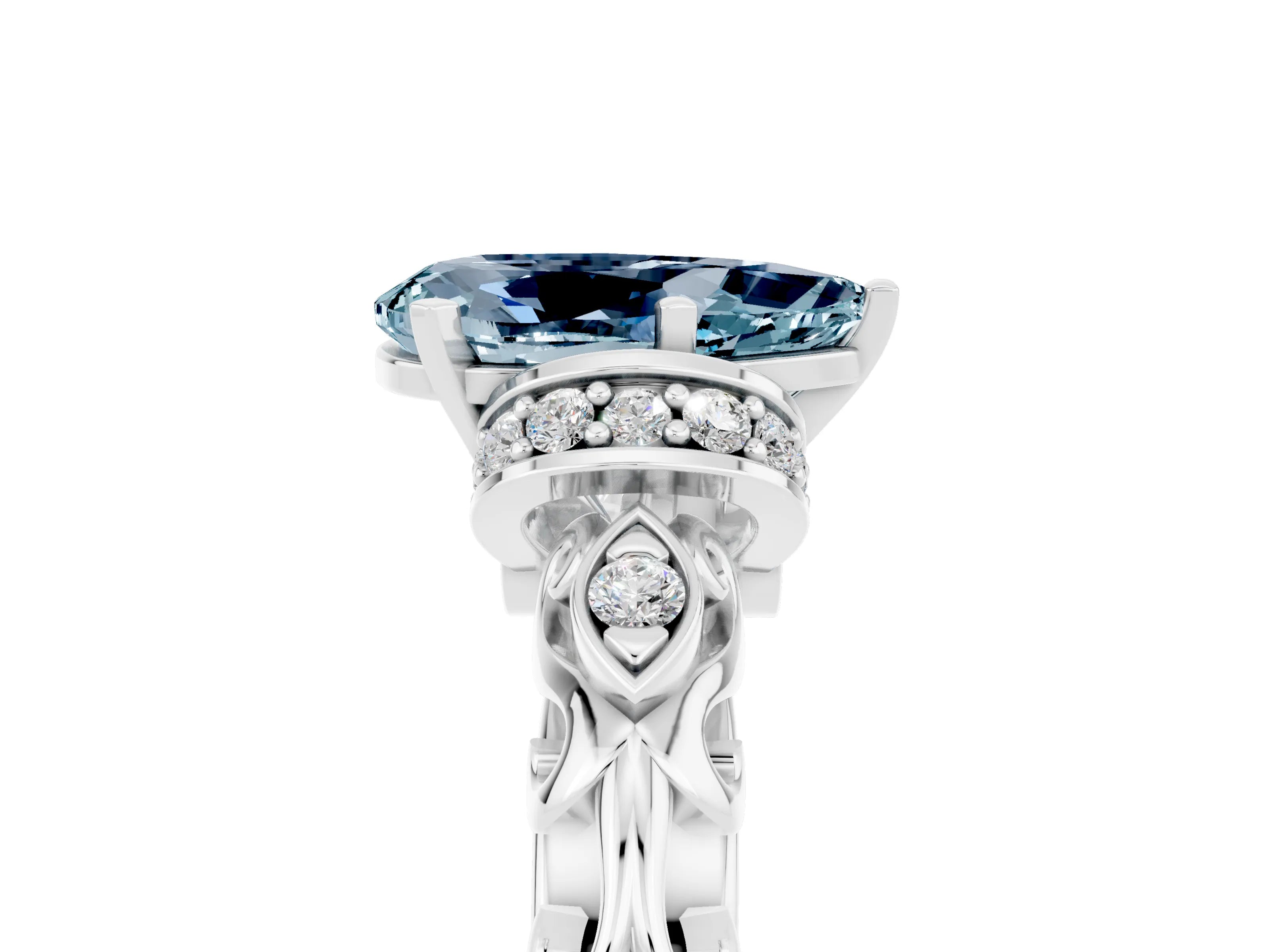 White gold Pear Cut Aquamarine Solitaire Ring with Filigree Band and Four-Prong Setting_71