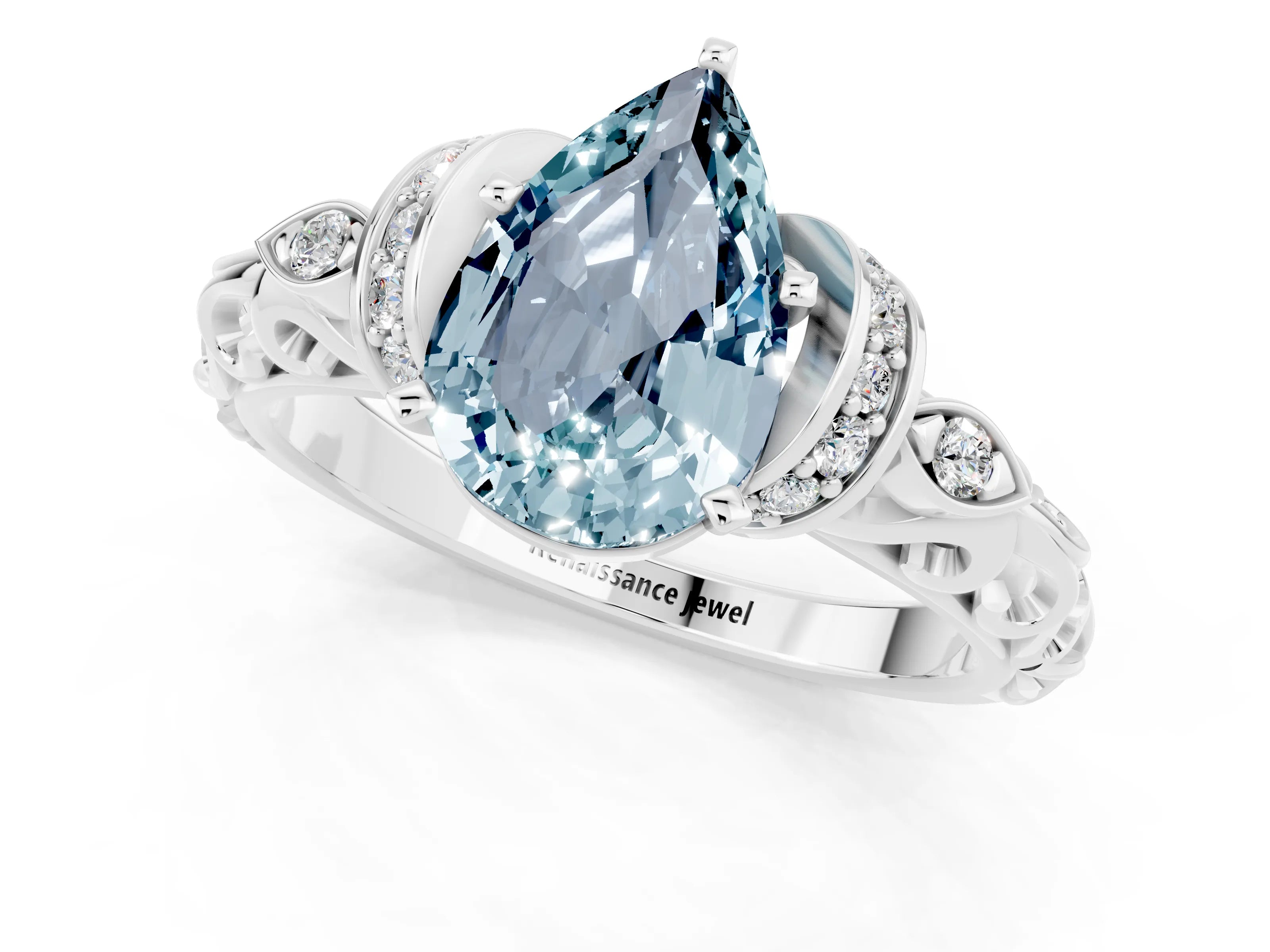 White gold Pear Cut Aquamarine Solitaire Ring with Filigree Band and Four-Prong Setting_72