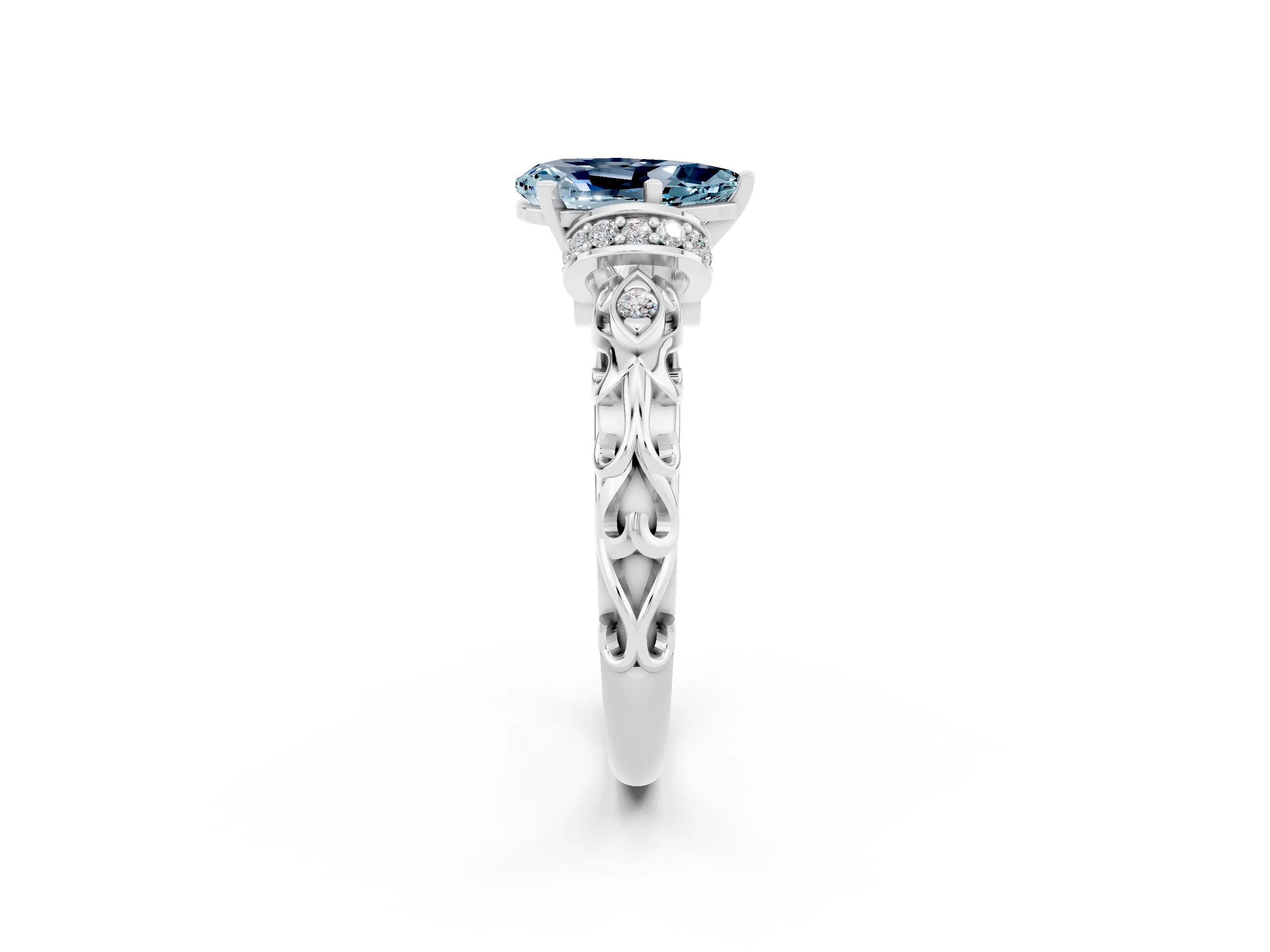 White gold Pear Cut Aquamarine Solitaire Ring with Filigree Band and Four-Prong Setting_73