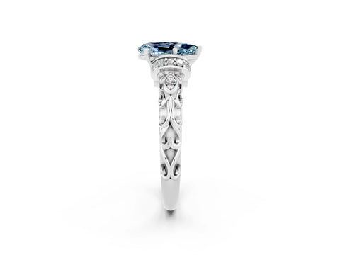 White gold Pear Cut Aquamarine Solitaire Ring with Filigree Band and Four-Prong Setting_73