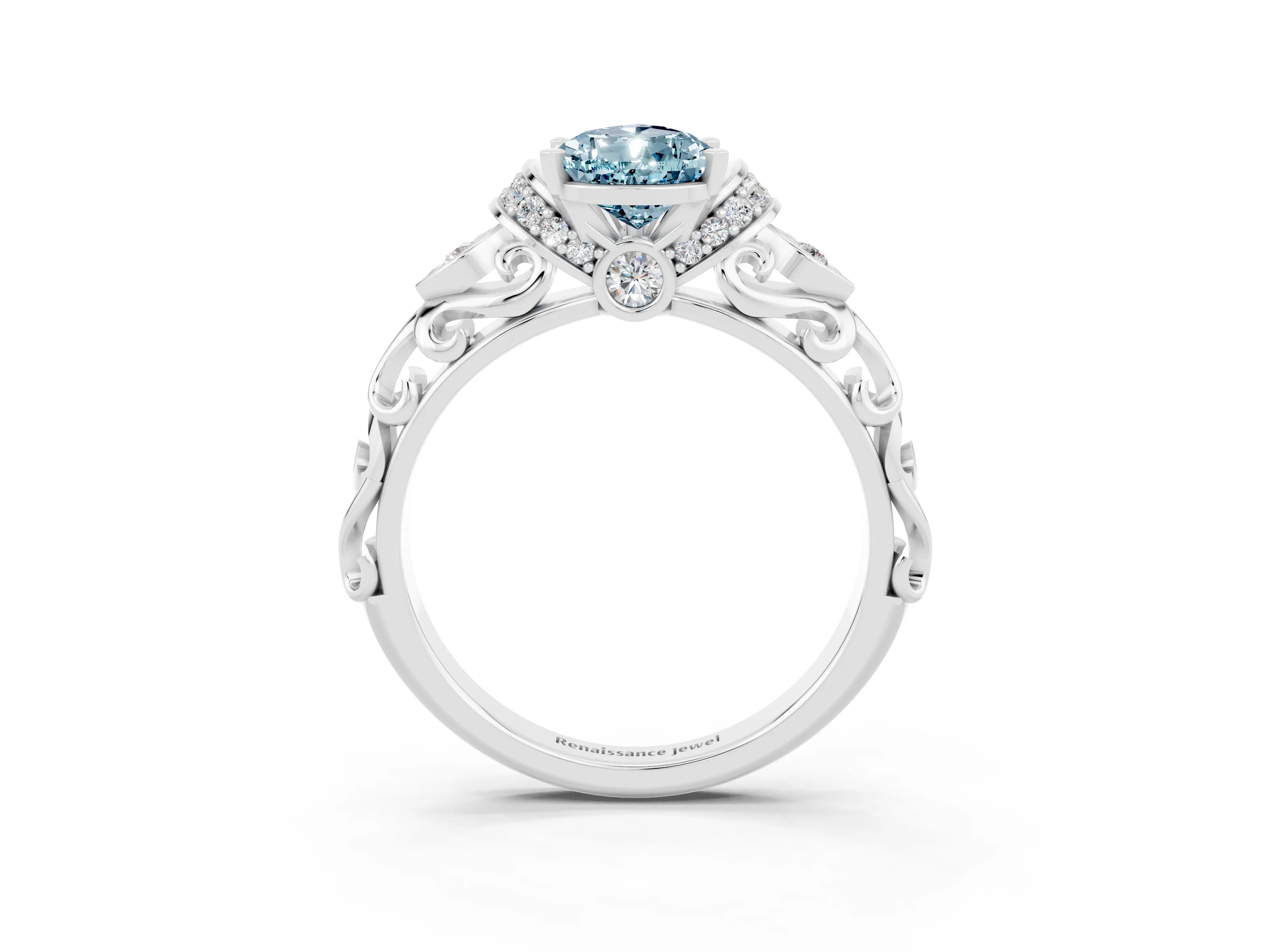White gold Pear Cut Aquamarine Solitaire Ring with Filigree Band and Four-Prong Setting_74