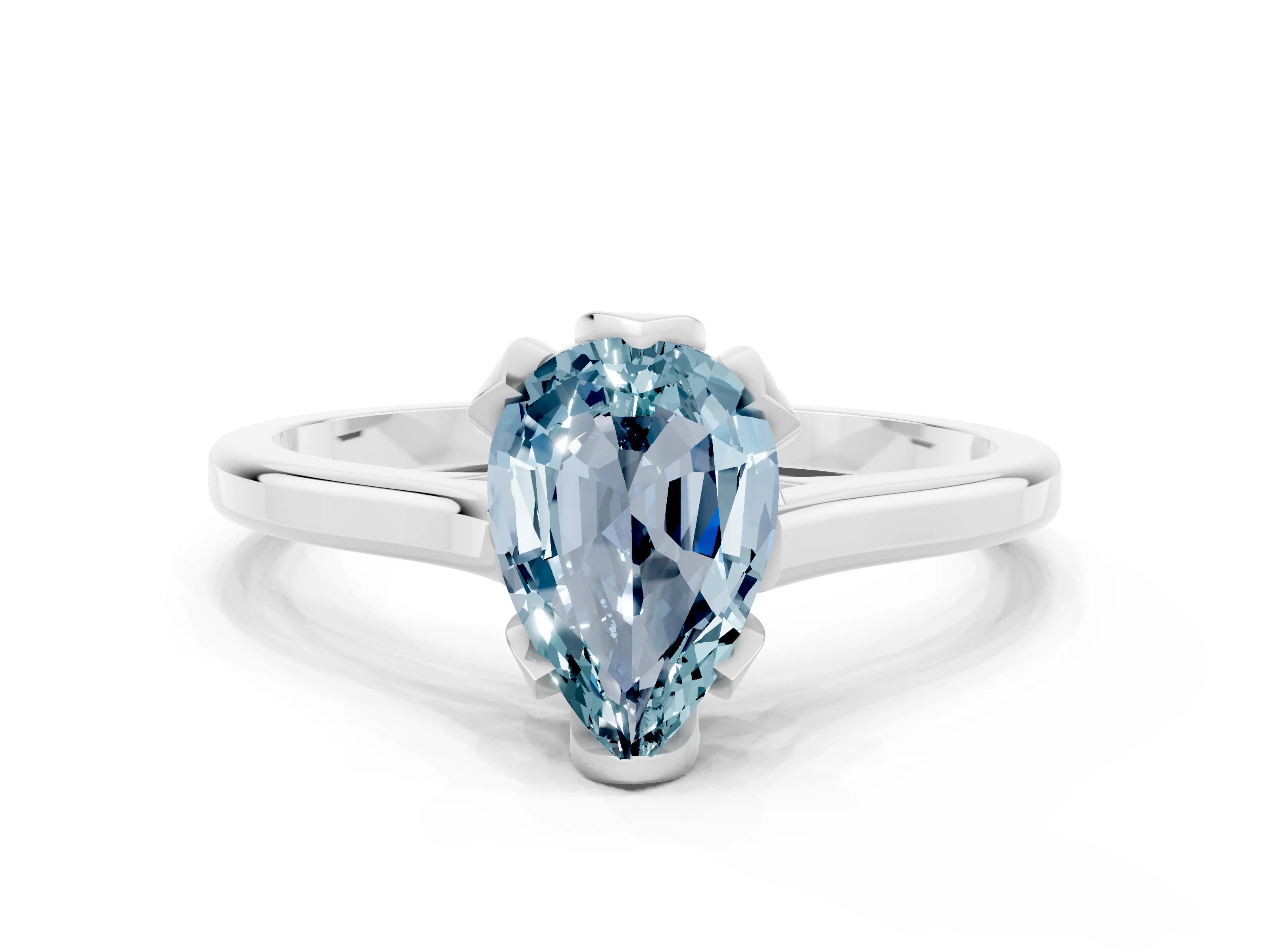 White gold Pear Cut Aquamarine Solitaire Ring with Flower Prong Setting and Classic Band_12