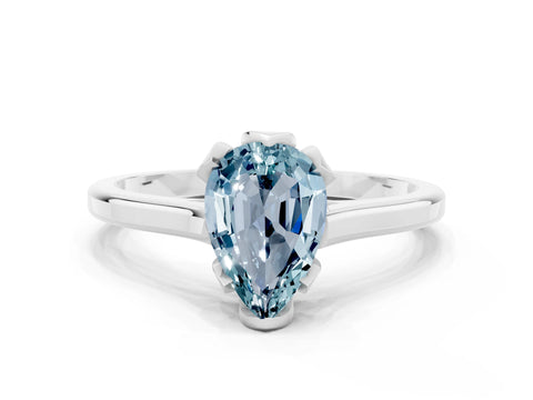 White gold Pear Cut Aquamarine Solitaire Ring with Flower Prong Setting and Classic Band_12