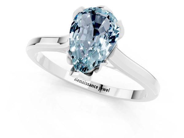 Platinum Pear Cut Aquamarine Solitaire Ring with Flower Prong Setting and Classic Band