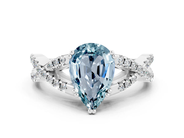 Platinum Pear Cut Aquamarine Solitaire Ring with Four-Prong Setting and Twisted Pavé Band