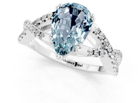 White gold Pear Cut Aquamarine Solitaire Ring with Four-Prong Setting and Twisted Pavé Band_1