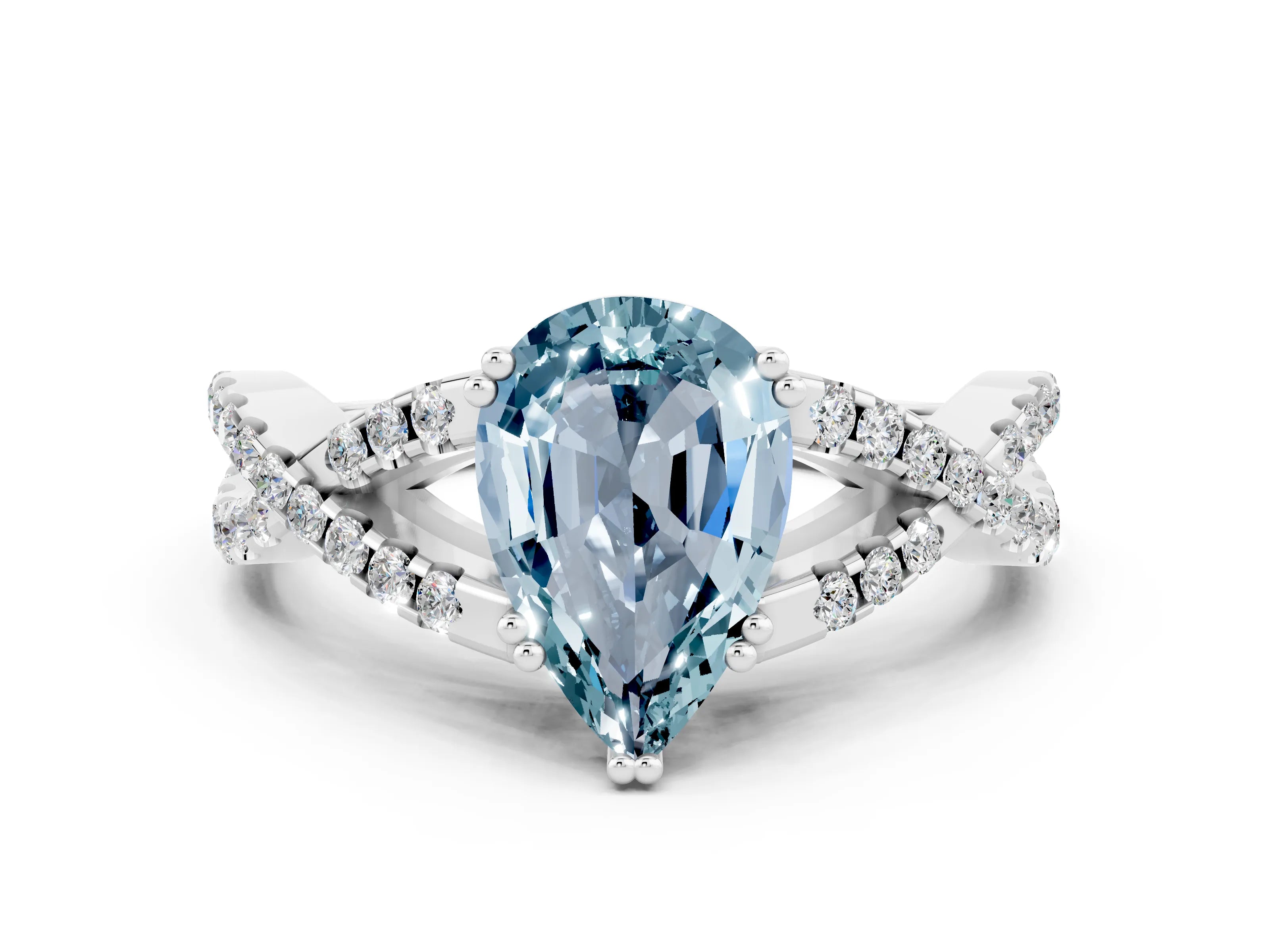White gold Pear Cut Aquamarine Solitaire Ring with Four-Prong Setting and Twisted Pavé Band
