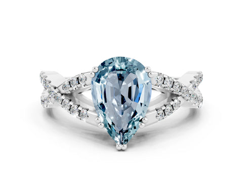White gold Pear Cut Aquamarine Solitaire Ring with Four-Prong Setting and Twisted Pavé Band