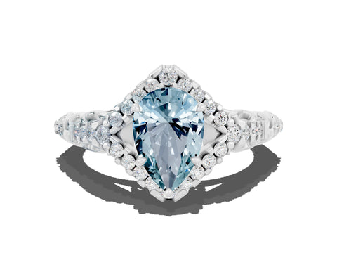 White gold Pear Cut Aquamarine Solitaire Ring with Hidden Halo and Pavé Band_19