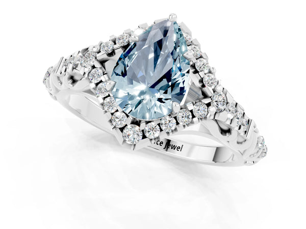 White gold Pear Cut Aquamarine Solitaire Ring with Hidden Halo and Pavé Band