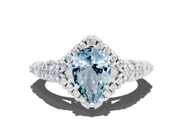 Platinum Pear Cut Aquamarine Solitaire Ring with Hidden Halo and Pavé Band