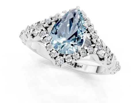 White gold Pear Cut Aquamarine Solitaire Ring with Hidden Halo and Pavé Band_25