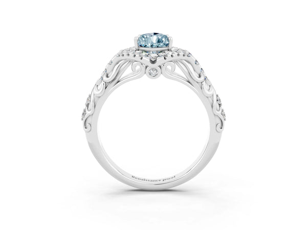 Platinum Pear Cut Aquamarine Solitaire Ring with Hidden Halo and Pavé Band