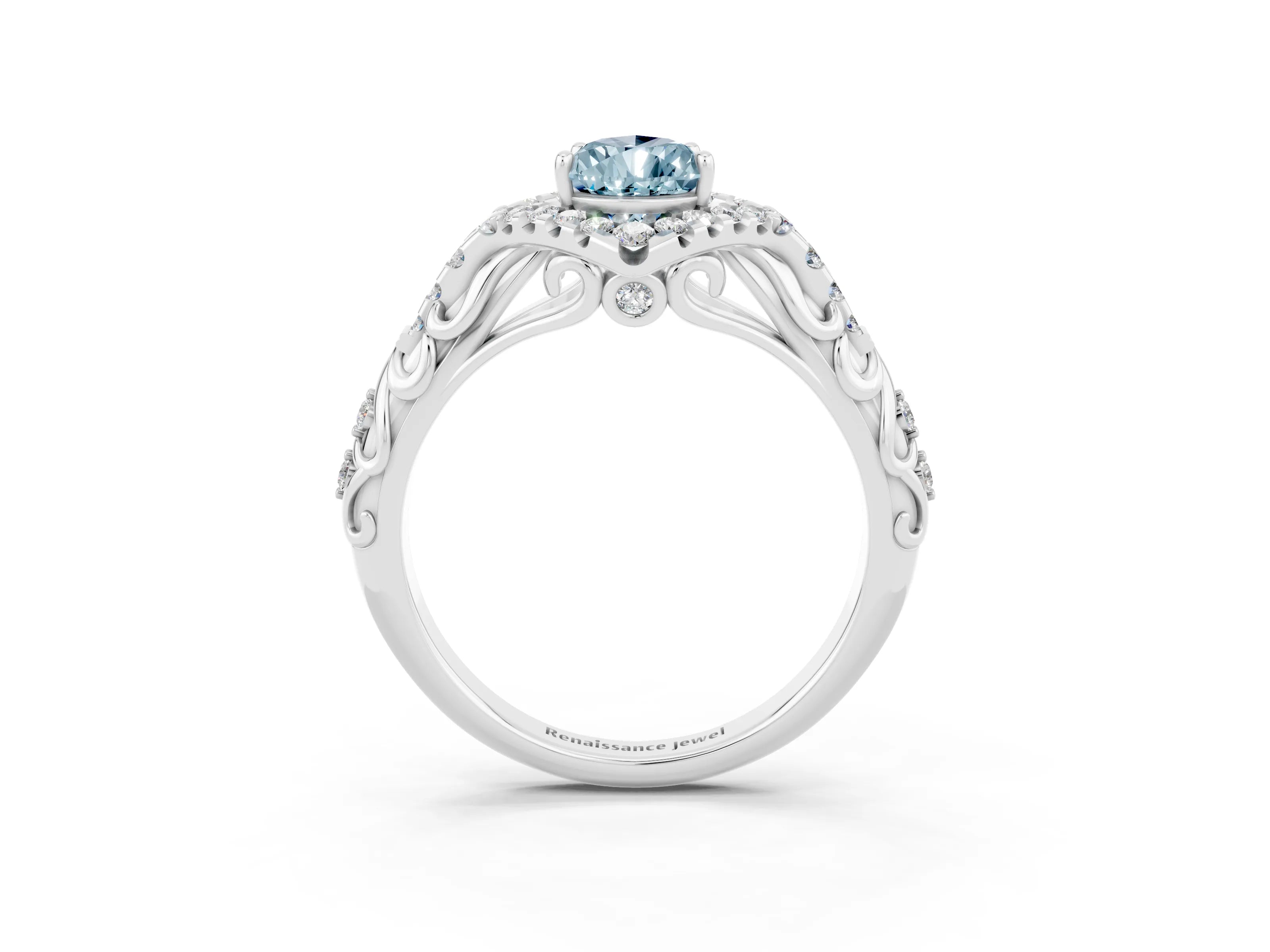White gold Pear Cut Aquamarine Solitaire Ring with Hidden Halo and Pavé Band_27