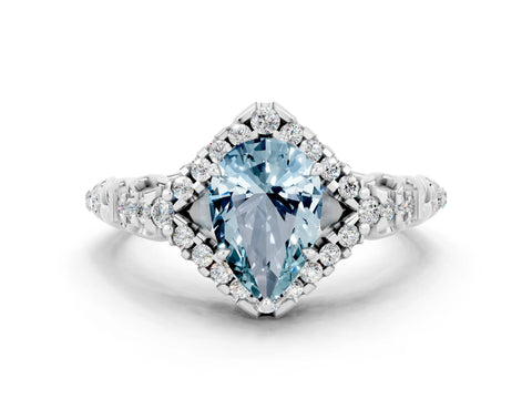 White gold Pear Cut Aquamarine Solitaire Ring with Hidden Halo and Pavé Band_33