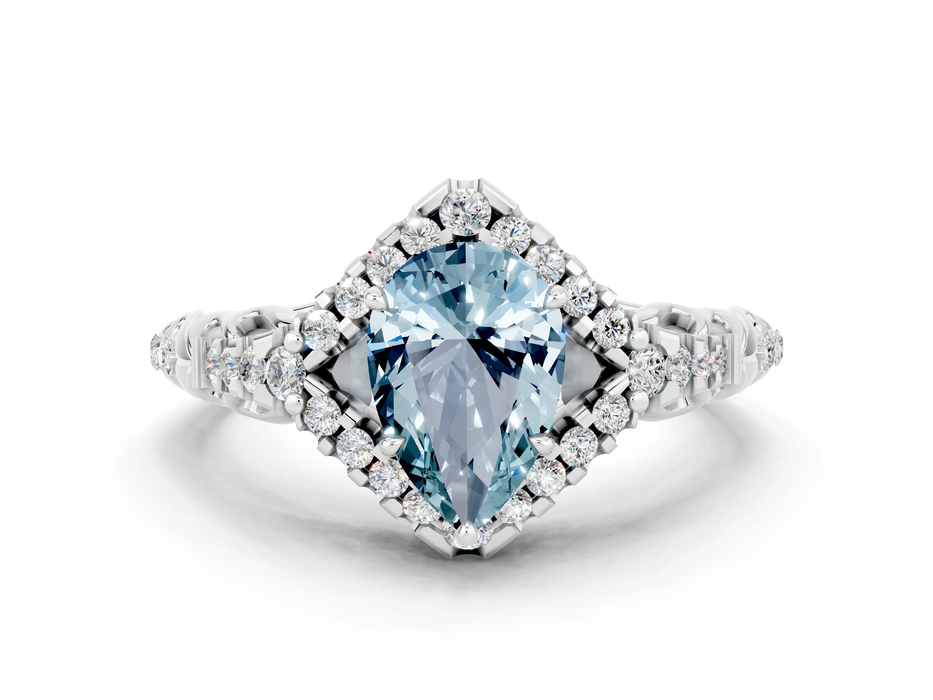 White gold Pear Cut Aquamarine Solitaire Ring with Hidden Halo and Pavé Band_36