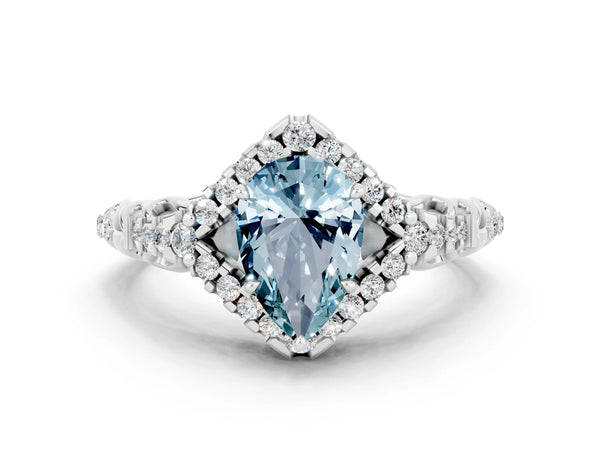 Silver Pear Cut Aquamarine Solitaire Ring with Hidden Halo and Pavé Band